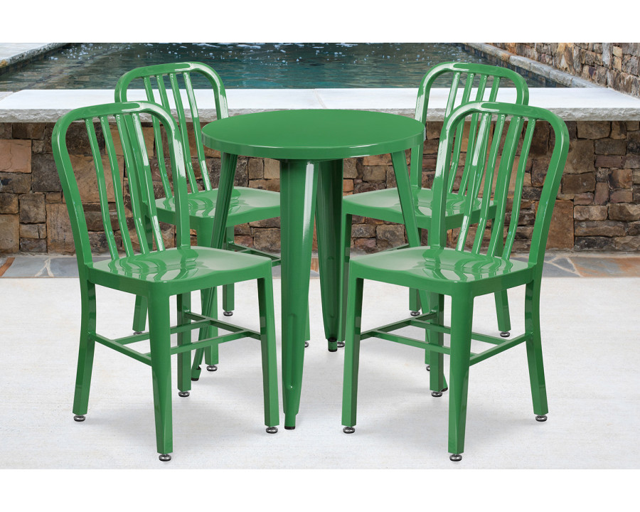 BLNK Thomas Commercial Round Metal Indoor-Outdoor Table Set with 4 Vertical Slat Back Chairs