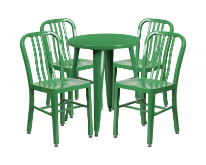 BLNK Thomas Commercial Round Metal Indoor-Outdoor Table Set with 4 Vertical Slat Back Chairs