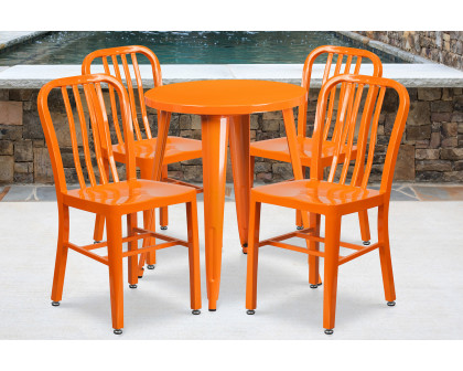 BLNK Thomas Commercial Round Metal Indoor-Outdoor Table Set with 4 Vertical Slat Back Chairs