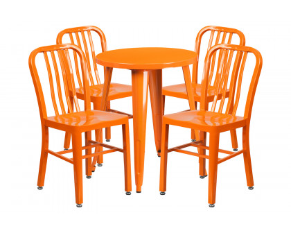 BLNK Thomas Commercial Round Metal Indoor-Outdoor Table Set with 4 Vertical Slat Back Chairs - Orange