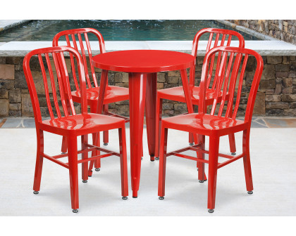 BLNK Thomas Commercial Round Metal Indoor-Outdoor Table Set with 4 Vertical Slat Back Chairs