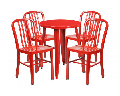 BLNK Thomas Commercial Round Metal Indoor-Outdoor Table Set with 4 Vertical Slat Back Chairs - Red