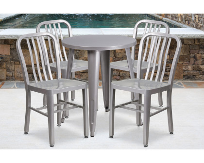 BLNK Thomas Commercial Round Metal Indoor-Outdoor Table Set with 4 Vertical Slat Back Chairs