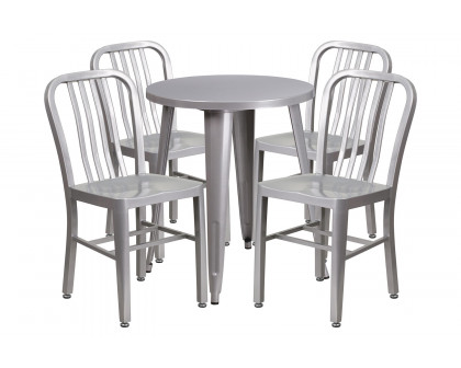 BLNK Thomas Commercial Round Metal Indoor-Outdoor Table Set with 4 Vertical Slat Back Chairs - Silver