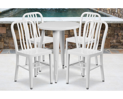 BLNK Thomas Commercial Round Metal Indoor-Outdoor Table Set with 4 Vertical Slat Back Chairs