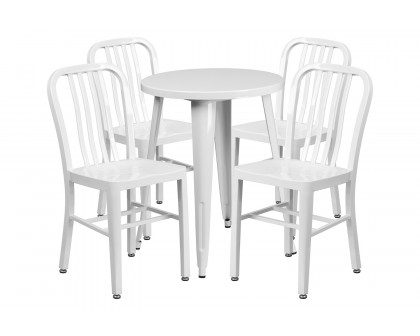 BLNK Thomas Commercial Round Metal Indoor-Outdoor Table Set with 4 Vertical Slat Back Chairs - White