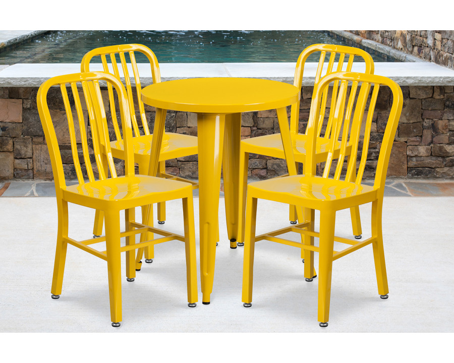 BLNK Thomas Commercial Round Metal Indoor-Outdoor Table Set with 4 Vertical Slat Back Chairs - Yellow