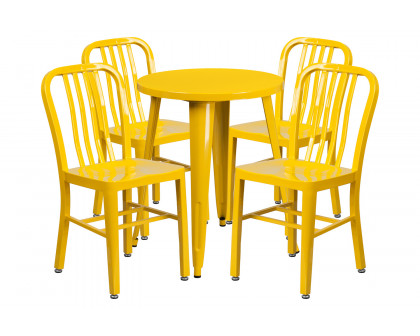 BLNK Thomas Commercial Round Metal Indoor-Outdoor Table Set with 4 Vertical Slat Back Chairs - Yellow