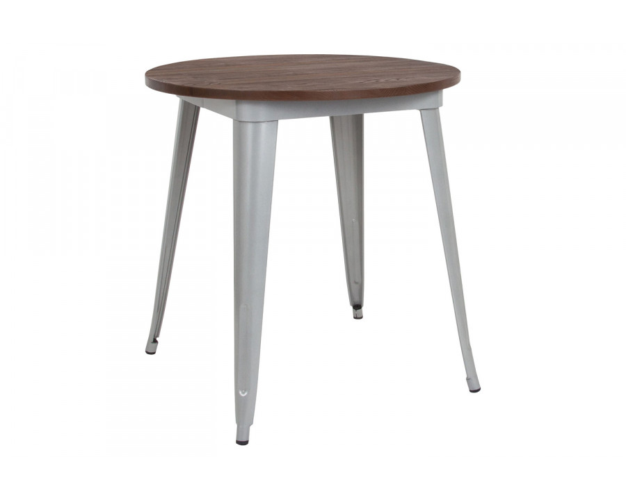 BLNK Jeffrey Round Metal Indoor Table with Walnut Rustic Wood Top - Silver