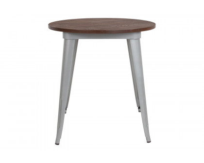 BLNK Jeffrey Round Metal Indoor Table with Walnut Rustic Wood Top - Silver