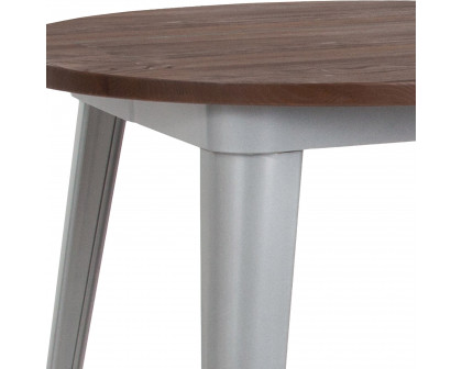 BLNK Jeffrey Round Metal Indoor Table with Walnut Rustic Wood Top - Silver