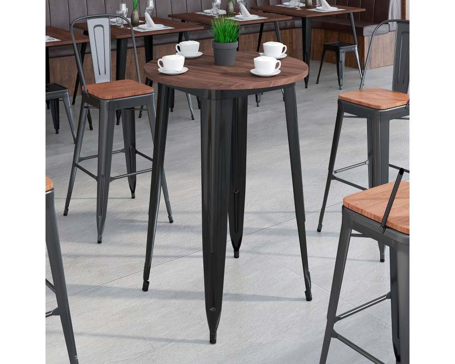 BLNK Philip Round Metal Indoor Bar Height Table with Walnut Rustic Wood Top