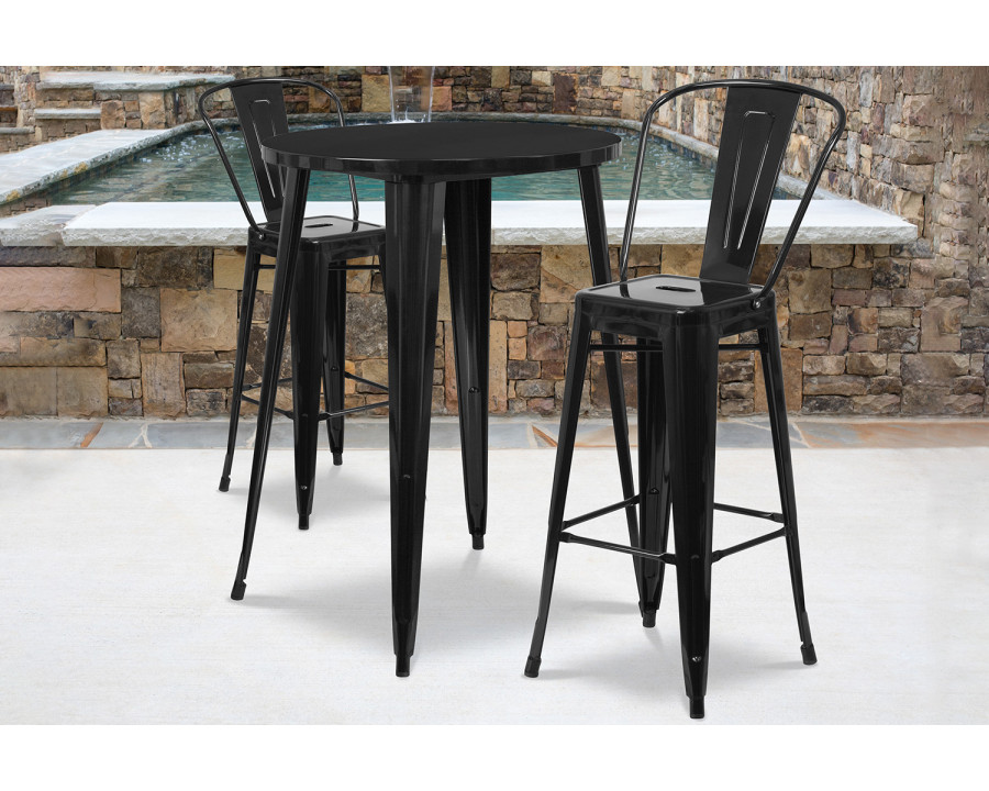 BLNK Caron Commercial Round Metal Indoor-Outdoor Bar Table Set with 2 Cafe Stools - Black