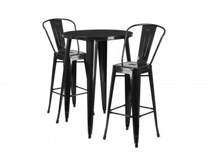 BLNK Caron Commercial Round Metal Indoor-Outdoor Bar Table Set with 2 Cafe Stools - Black