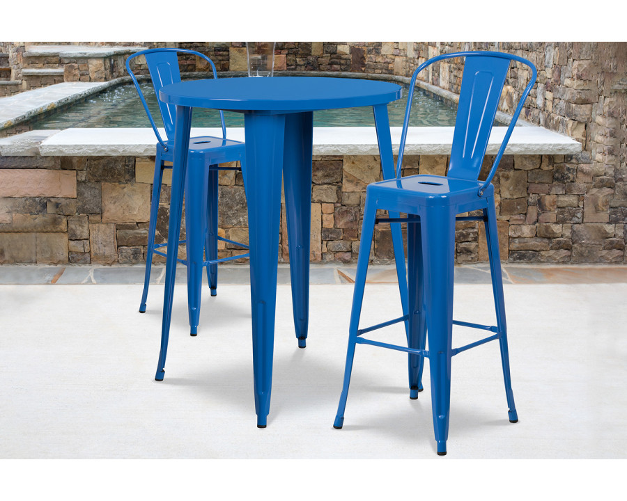 BLNK Caron Commercial Round Metal Indoor-Outdoor Bar Table Set with 2 Cafe Stools - Blue