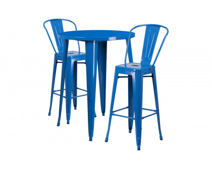 BLNK Caron Commercial Round Metal Indoor-Outdoor Bar Table Set with 2 Cafe Stools - Blue