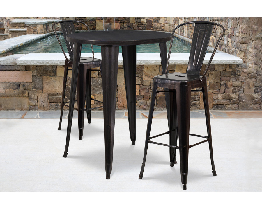 BLNK Caron Commercial Round Metal Indoor-Outdoor Bar Table Set with 2 Cafe Stools - Black/Antique Gold