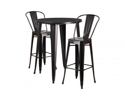 BLNK Caron Commercial Round Metal Indoor-Outdoor Bar Table Set with 2 Cafe Stools - Black/Antique Gold