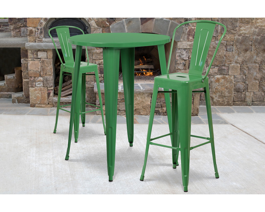 BLNK Caron Commercial Round Metal Indoor-Outdoor Bar Table Set with 2 Cafe Stools - Green