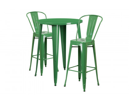 BLNK Caron Commercial Round Metal Indoor-Outdoor Bar Table Set with 2 Cafe Stools - Green