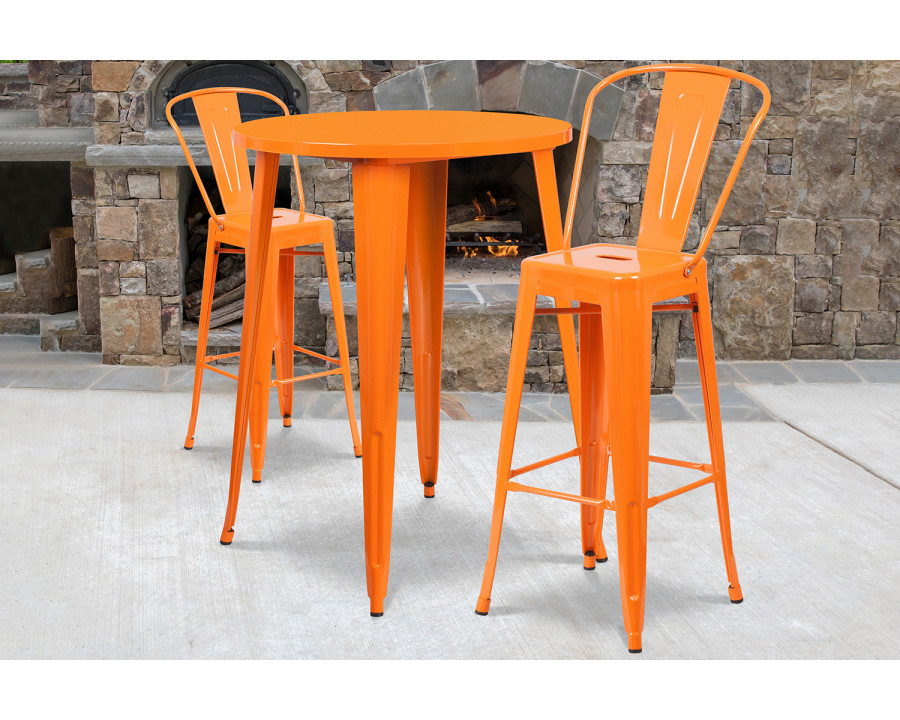 BLNK Caron Commercial Round Metal Indoor-Outdoor Bar Table Set with 2 Cafe Stools - Orange