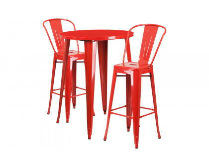 BLNK Caron Commercial Round Metal Indoor-Outdoor Bar Table Set with 2 Cafe Stools - Red