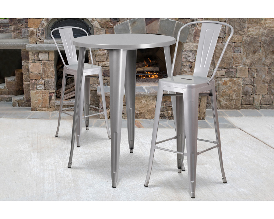 BLNK Caron Commercial Round Metal Indoor-Outdoor Bar Table Set with 2 Cafe Stools - Silver