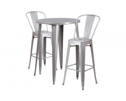 BLNK Caron Commercial Round Metal Indoor-Outdoor Bar Table Set with 2 Cafe Stools - Silver