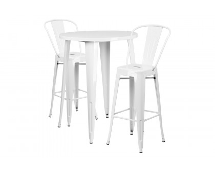 BLNK Caron Commercial Round Metal Indoor-Outdoor Bar Table Set with 2 Cafe Stools - White