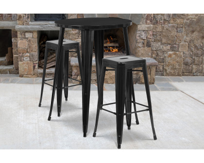 BLNK Boyd Commercial Round Metal Indoor-Outdoor Bar Table Set with 2 Square Seat Backless Stools