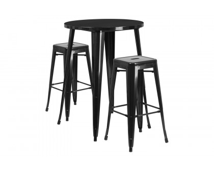 BLNK Boyd Commercial Round Metal Indoor-Outdoor Bar Table Set with 2 Square Seat Backless Stools - Black