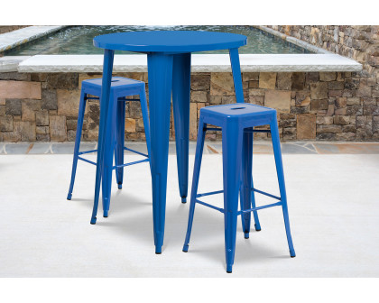 BLNK Boyd Commercial Round Metal Indoor-Outdoor Bar Table Set with 2 Square Seat Backless Stools