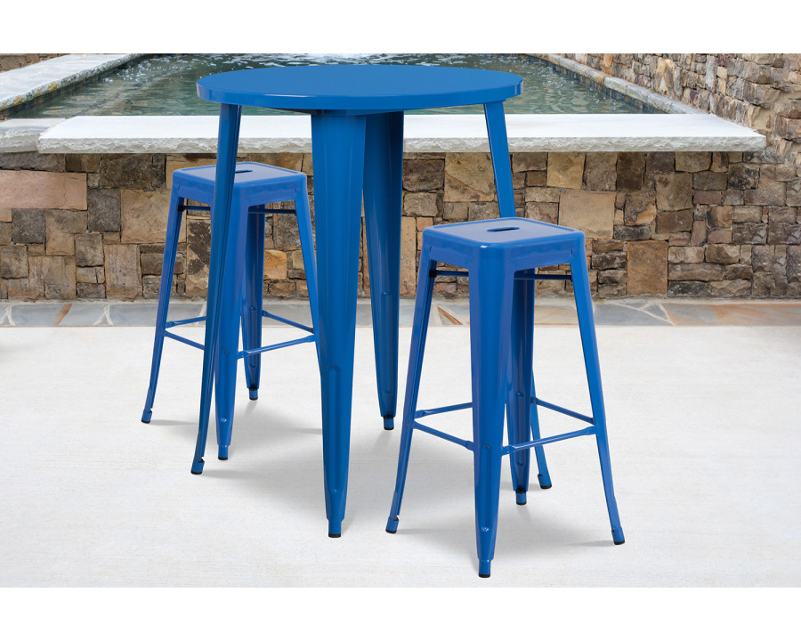 BLNK Boyd Commercial Round Metal Indoor-Outdoor Bar Table Set with 2 Square Seat Backless Stools - Blue