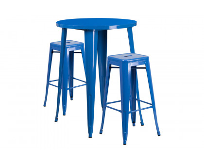 BLNK Boyd Commercial Round Metal Indoor-Outdoor Bar Table Set with 2 Square Seat Backless Stools - Blue