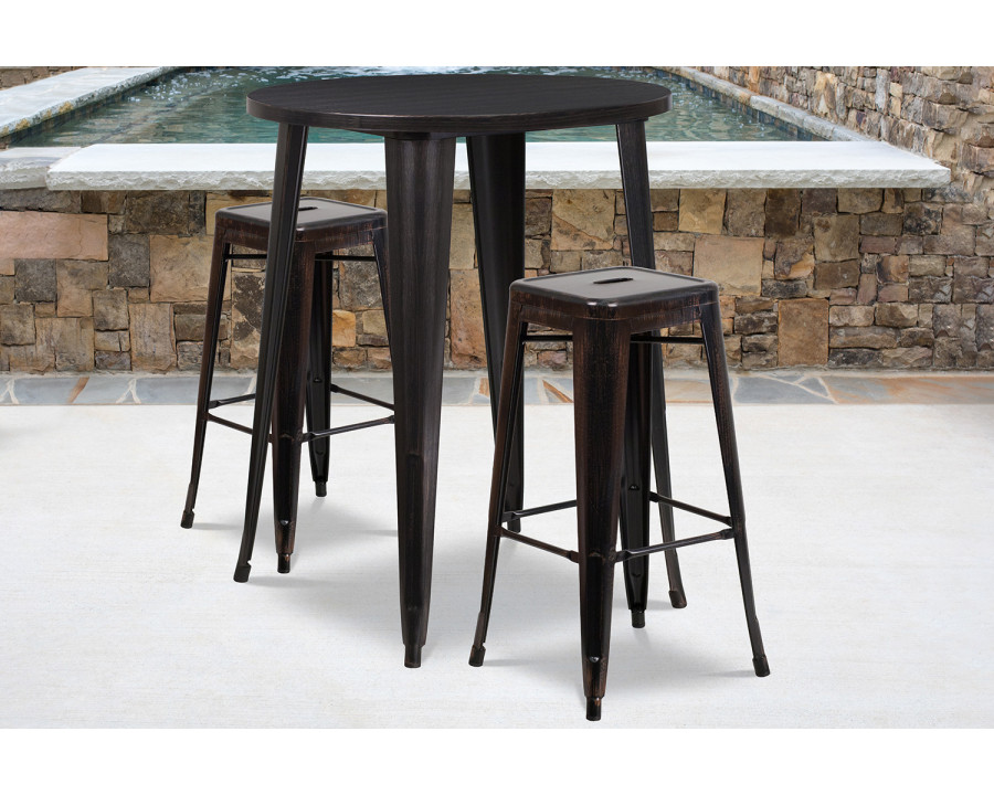 BLNK Boyd Commercial Round Metal Indoor-Outdoor Bar Table Set with 2 Square Seat Backless Stools - Black/Antique Gold