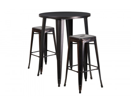 BLNK Boyd Commercial Round Metal Indoor-Outdoor Bar Table Set with 2 Square Seat Backless Stools - Black/Antique Gold