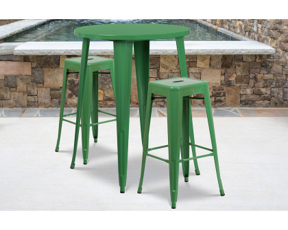 BLNK Boyd Commercial Round Metal Indoor-Outdoor Bar Table Set with 2 Square Seat Backless Stools