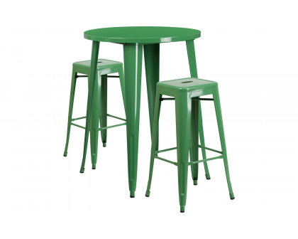 BLNK Boyd Commercial Round Metal Indoor-Outdoor Bar Table Set with 2 Square Seat Backless Stools - Green