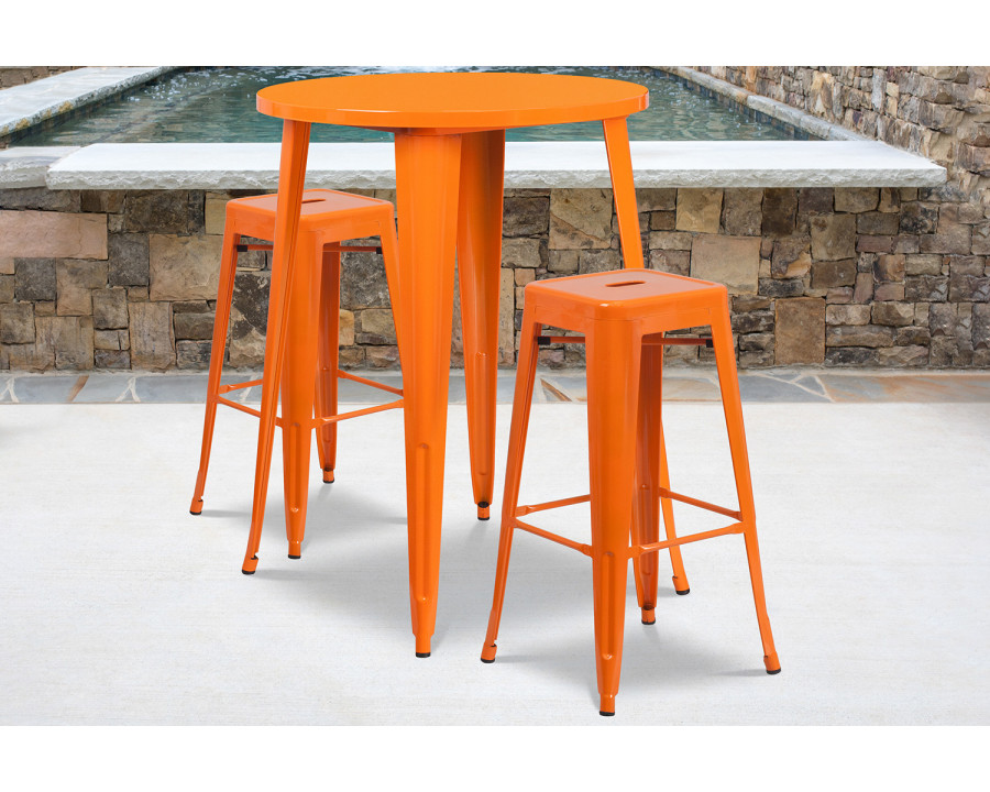 BLNK Boyd Commercial Round Metal Indoor-Outdoor Bar Table Set with 2 Square Seat Backless Stools - Orange