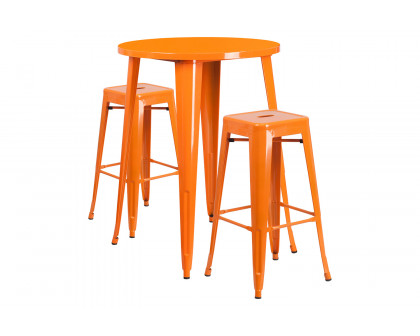 BLNK Boyd Commercial Round Metal Indoor-Outdoor Bar Table Set with 2 Square Seat Backless Stools - Orange