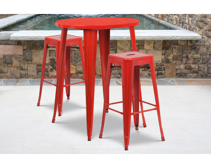 BLNK Boyd Commercial Round Metal Indoor-Outdoor Bar Table Set with 2 Square Seat Backless Stools