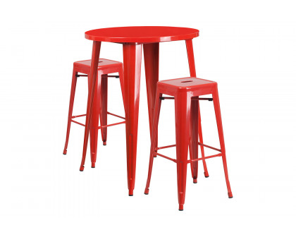 BLNK Boyd Commercial Round Metal Indoor-Outdoor Bar Table Set with 2 Square Seat Backless Stools - Red