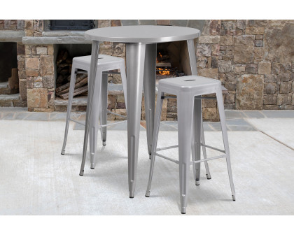 BLNK Boyd Commercial Round Metal Indoor-Outdoor Bar Table Set with 2 Square Seat Backless Stools