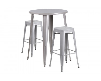 BLNK Boyd Commercial Round Metal Indoor-Outdoor Bar Table Set with 2 Square Seat Backless Stools - Silver