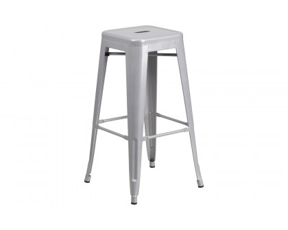 BLNK Boyd Commercial Round Metal Indoor-Outdoor Bar Table Set with 2 Square Seat Backless Stools - Silver