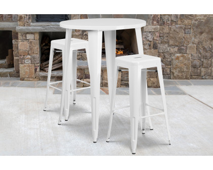 BLNK Boyd Commercial Round Metal Indoor-Outdoor Bar Table Set with 2 Square Seat Backless Stools