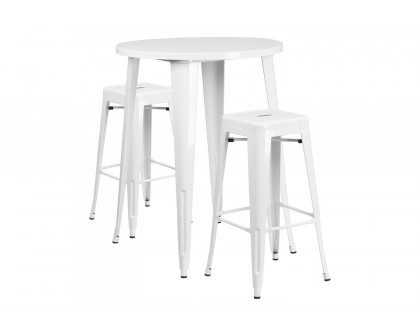 BLNK Boyd Commercial Round Metal Indoor-Outdoor Bar Table Set with 2 Square Seat Backless Stools - White