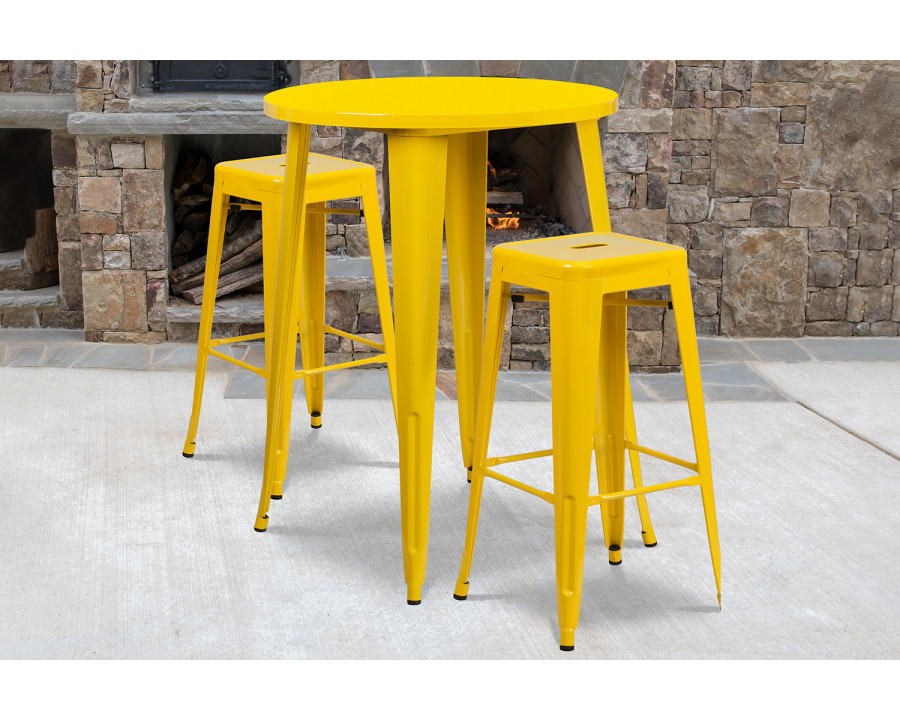 BLNK Boyd Commercial Round Metal Indoor-Outdoor Bar Table Set with 2 Square Seat Backless Stools