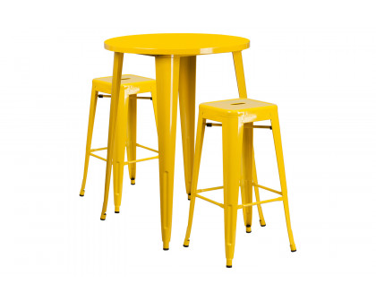 BLNK Boyd Commercial Round Metal Indoor-Outdoor Bar Table Set with 2 Square Seat Backless Stools