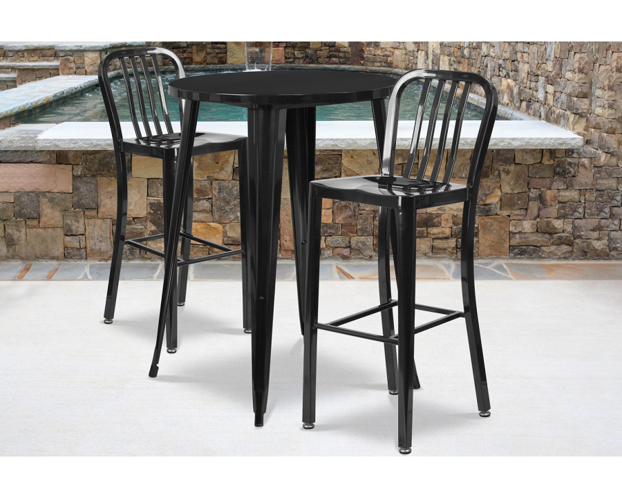 BLNK Brad Commercial Round Metal Indoor-Outdoor Bar Table Set with 2 Vertical Slat Back Stools